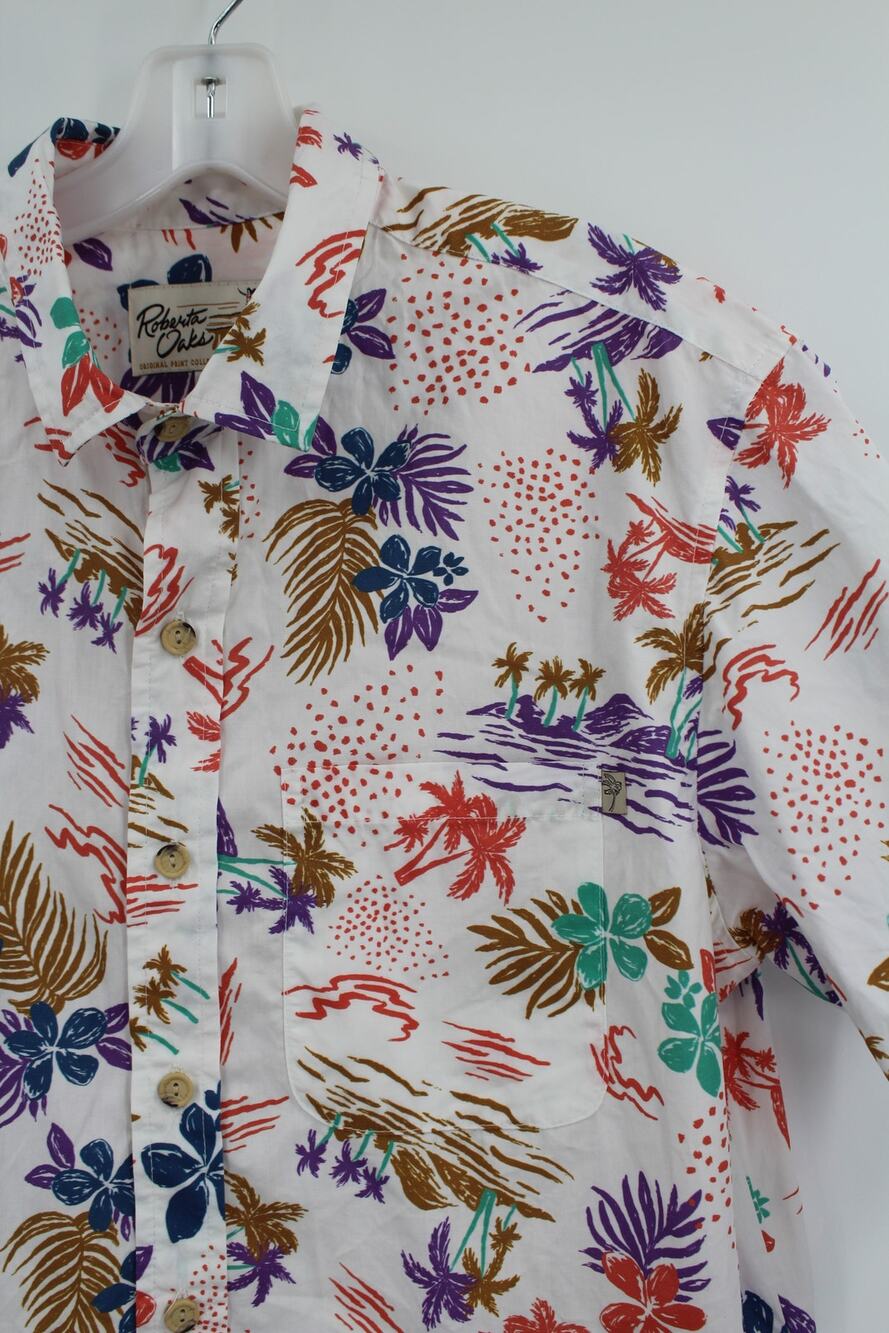 Roberta Oaks Hawaiian Button Shirt Short Sleeve White Floral XL